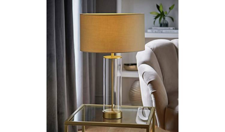ValueLights Balan LED Gold & Clear Tube Table Lamp With Beige Shade - Natural