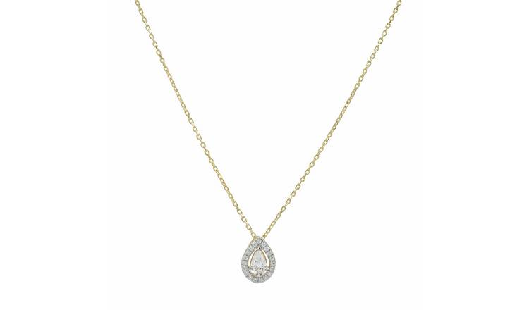 Pure Brilliance 9ct Yellow Gold 0.32ct Diamond Pear Halo Pendant Necklace