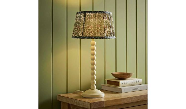 ValueLights Bobble Wooden Table Lamp With Floral Printed Pleated Shade - Cream