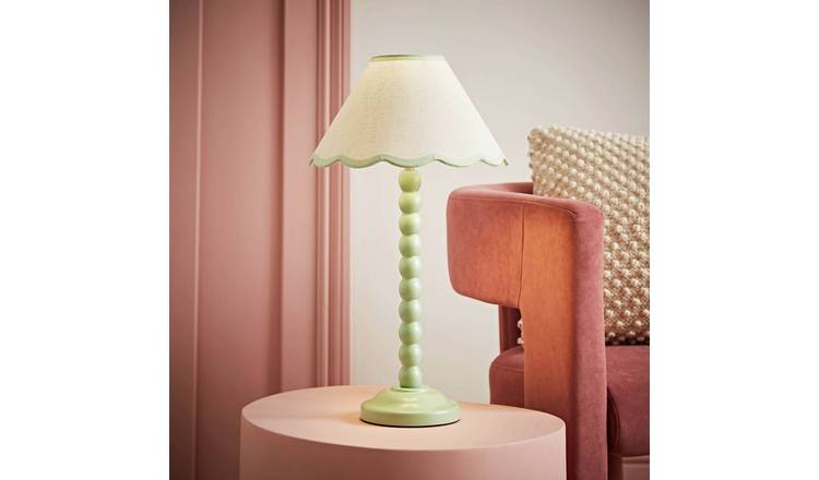 ValueLights Bobbles Wood Sage Green Bobbin Table Lamp With Scallop Shade - Cream