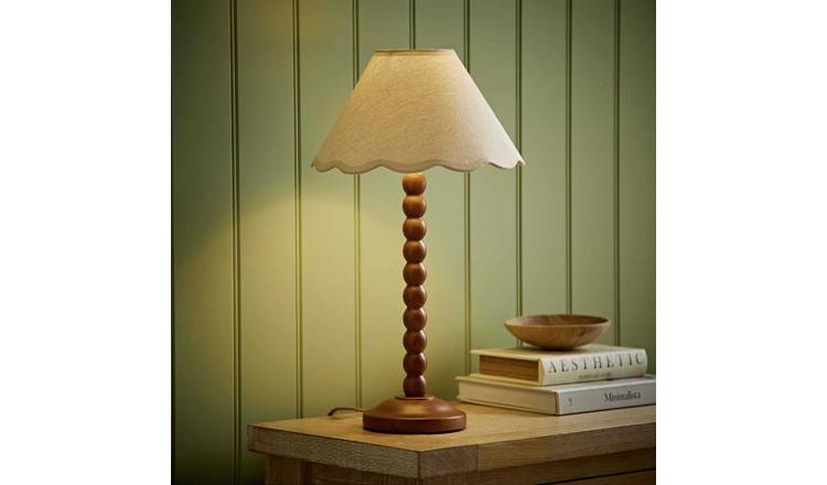 ValueLights Bobble Wooden Walnut Table Lamp With Scallop Shade - Natural