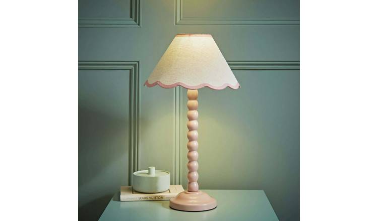 ValueLights Bobbles Wood Rose Pink Bobbin Table Lamp With Scallop Shade - Cream