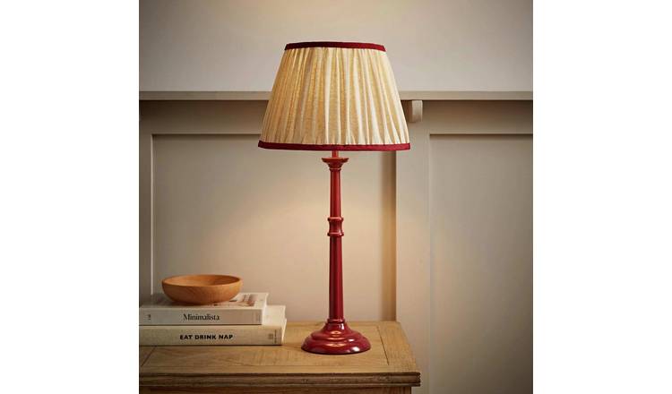 ValueLights Clara Wood Candlestick Table Lamp With Linen Pleated Shade- Burgundy