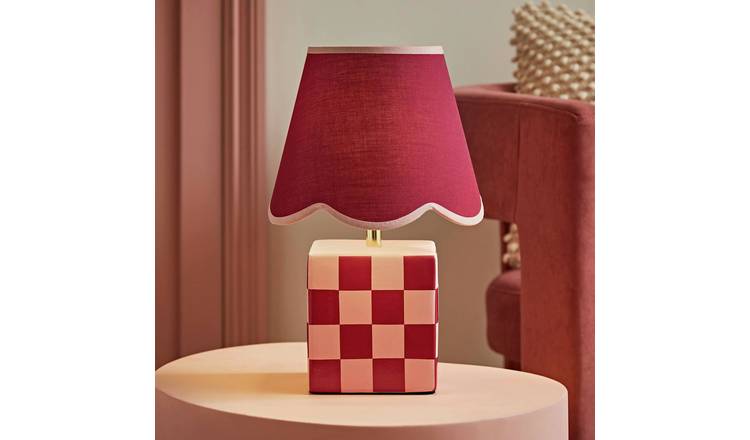 ValueLights Evie Ceramic LED Checkerboard Table Lamp With Pink Scallop- Burgundy