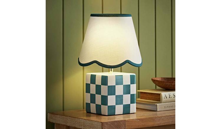 ValueLights Evie Ceramic LED Checkerboard Table Lamp With Scallop Shade - Teal