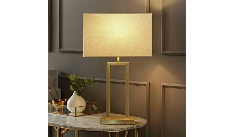 ValueLights Gloria Metal LED Double Stem Table Lamp With Rectangular Shade- Gold