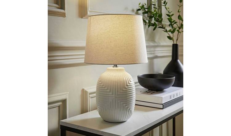 ValueLights Harrison Ceramic LED Medium Geometric Ribbed Gloss Table Lamp- White
