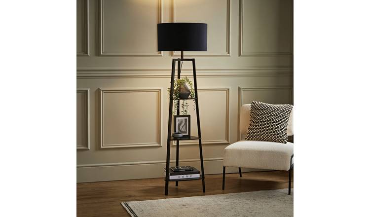 ValueLights Hiru Wooden 3 Tier Shelf Tripod Floor Lamp - Black