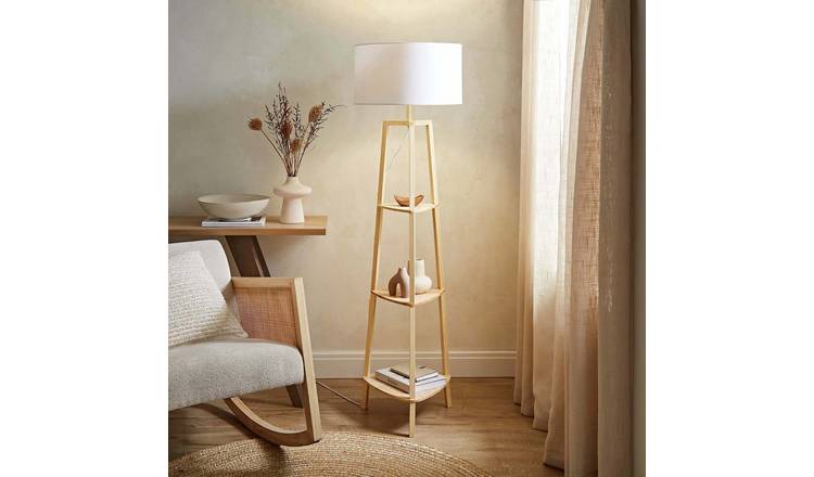 ValueLights Hiru Wooden 3 Tier Shelf Tripod Floor Lamp - Natural Wood