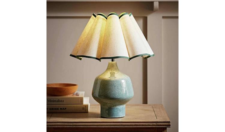ValueLights Jamie Ceramic LED Speckled Table Lamp With Scallop Trim Shade- Green