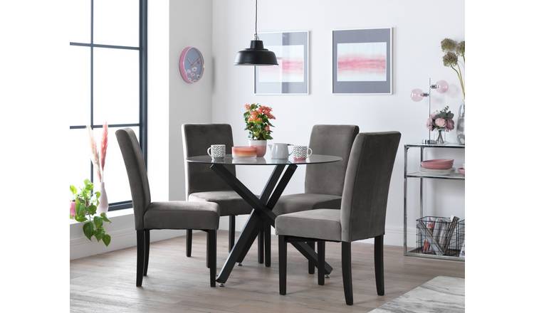 Argos Home Ava Glass Dining Table & 4 Velvet Chairs - Grey