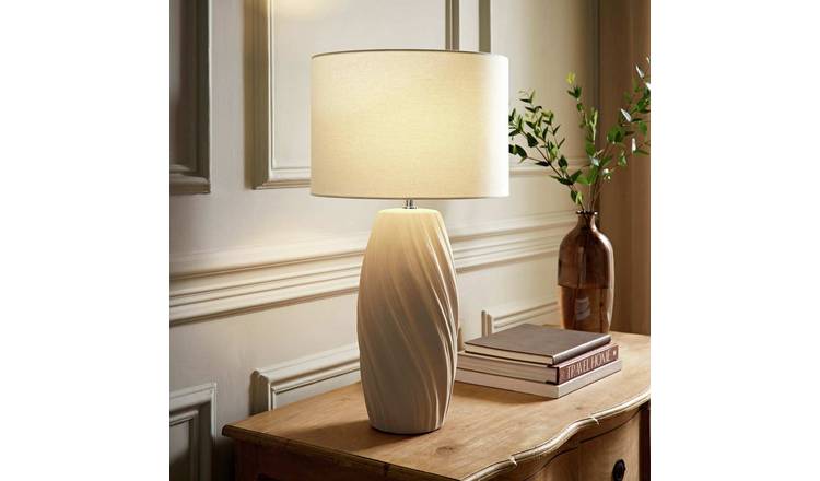 ValueLights Lydia Ceramic LED Tall Swirl Table Lamp With Linen Shade - Natural