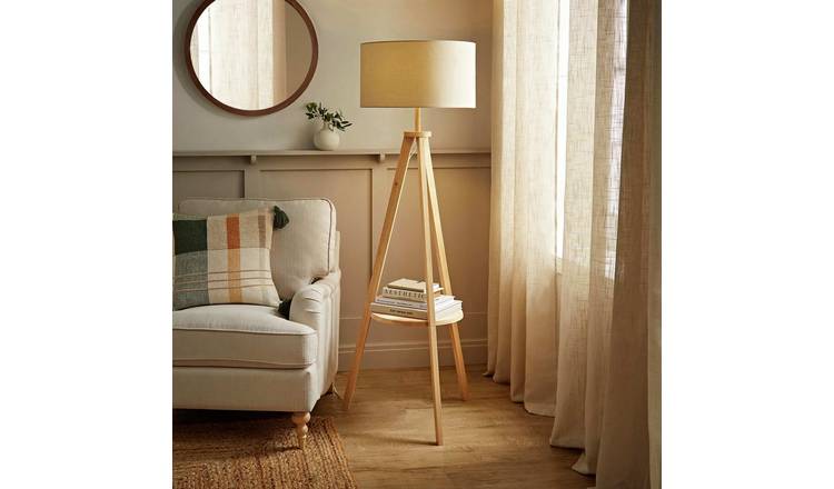 ValueLights Morrigan Wooden Shelf Tripod Floor Lamp - Natural Wood