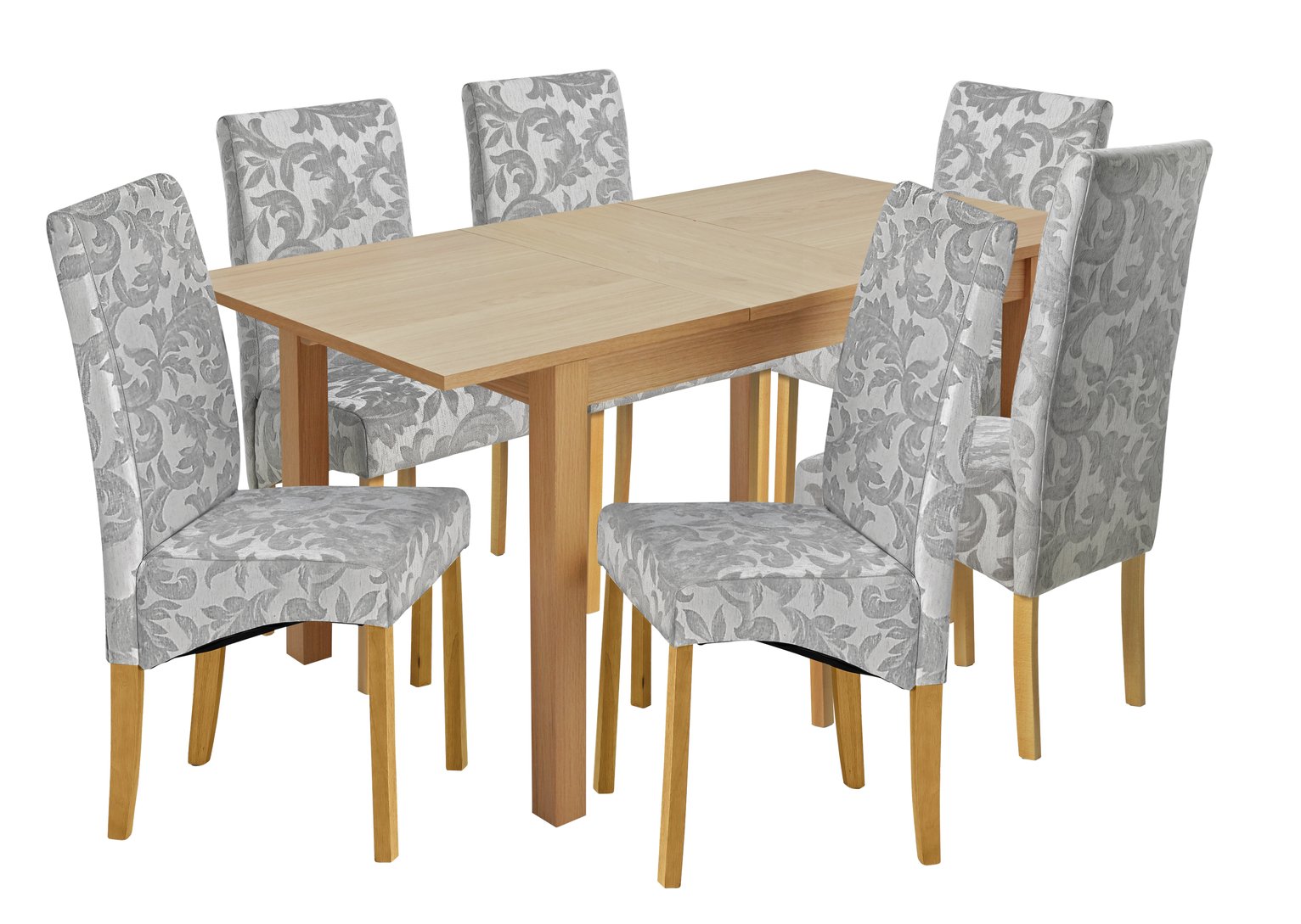 Argos Home Clifton Oak Extending Table & 6 Grey Damask Chair