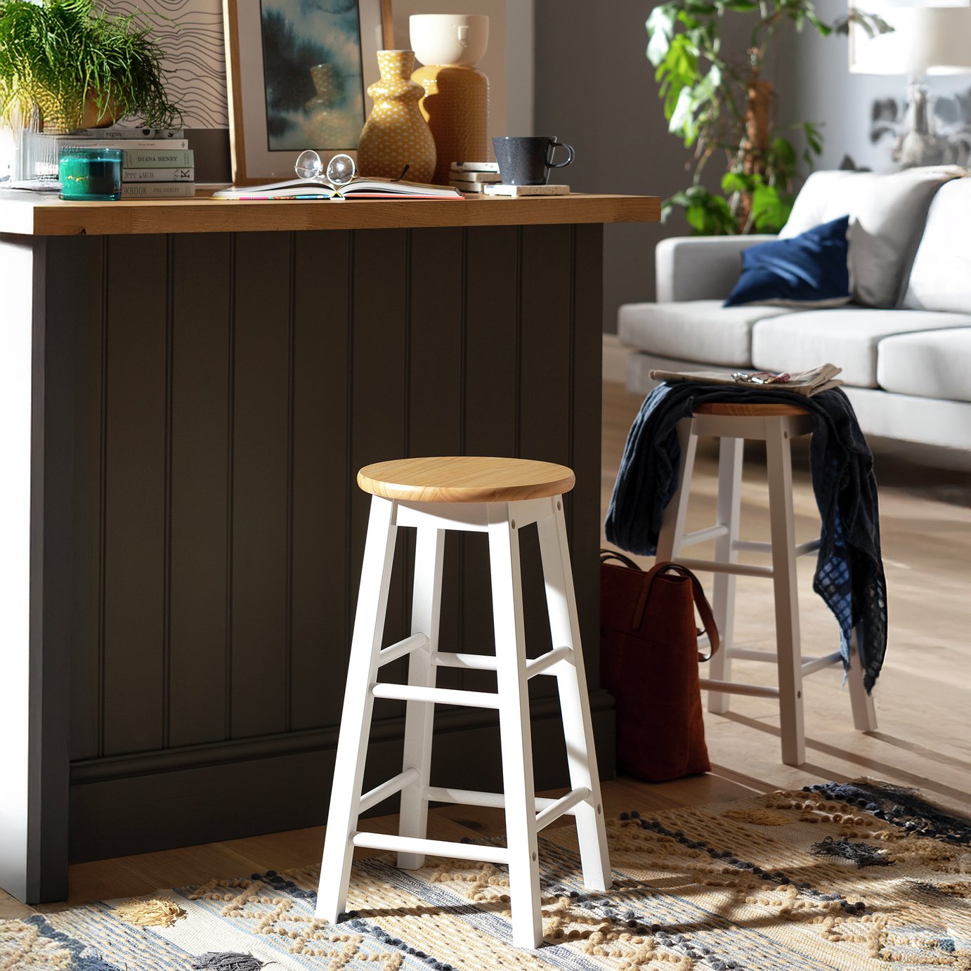 Habitat Pair of Wooden Bar Stools - Two Tone