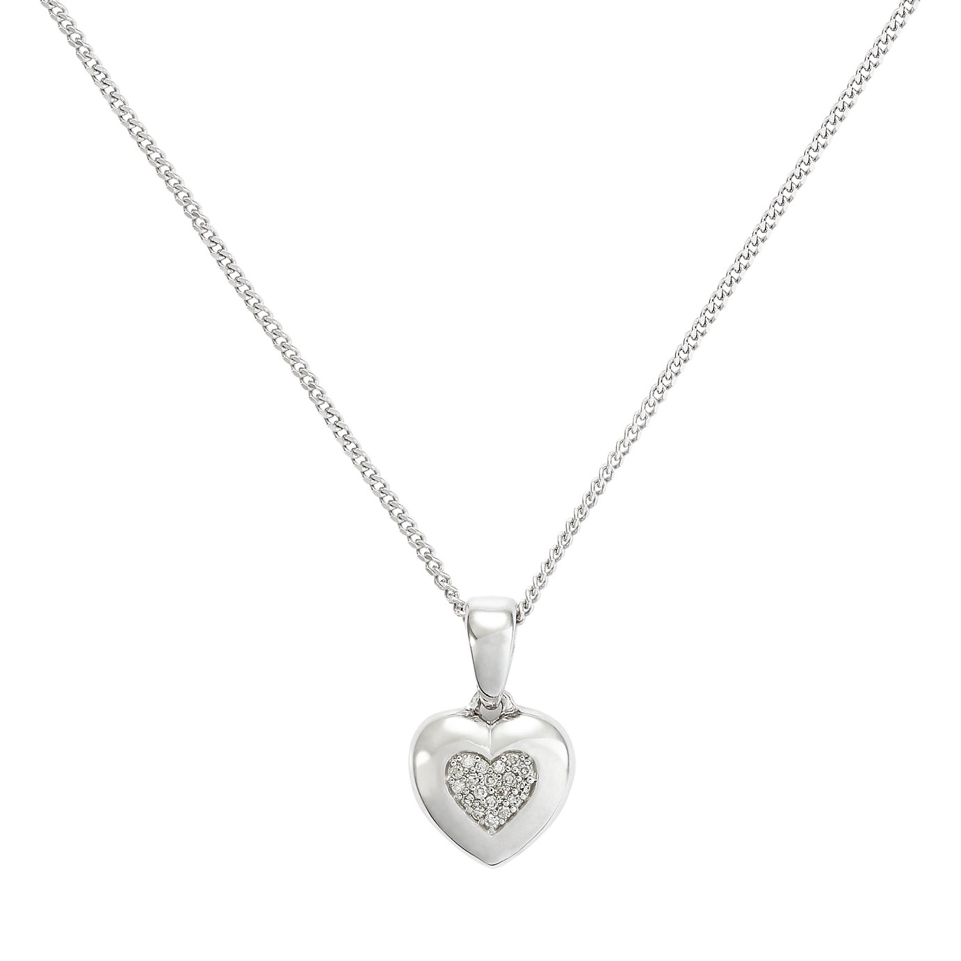 Revere Silver Diamond Heart Pendant 18 Inch Necklace