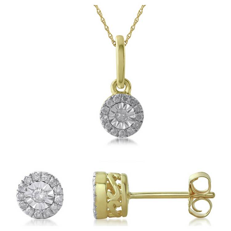 Revere 9ct Gold 0.15ct Diamond Earring and Pendant Set 0