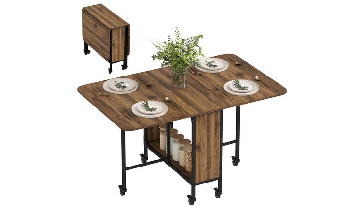 HOMCOM Mobile Drop Leaf Table with 6 Wheels and Shelf - Brown