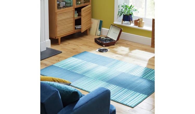 Buy Habitat Abstract Geo Stripe Cut Pile Rug - 120x170cm - Blue | Rugs ...