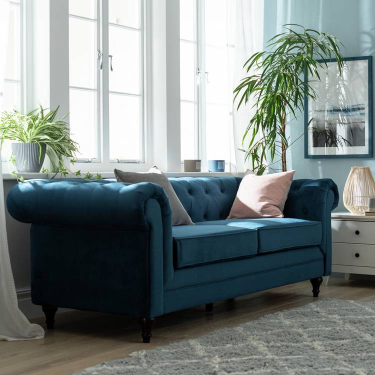 Habitat Chesterfield Velvet 3 Seater Sofa - Blue 0