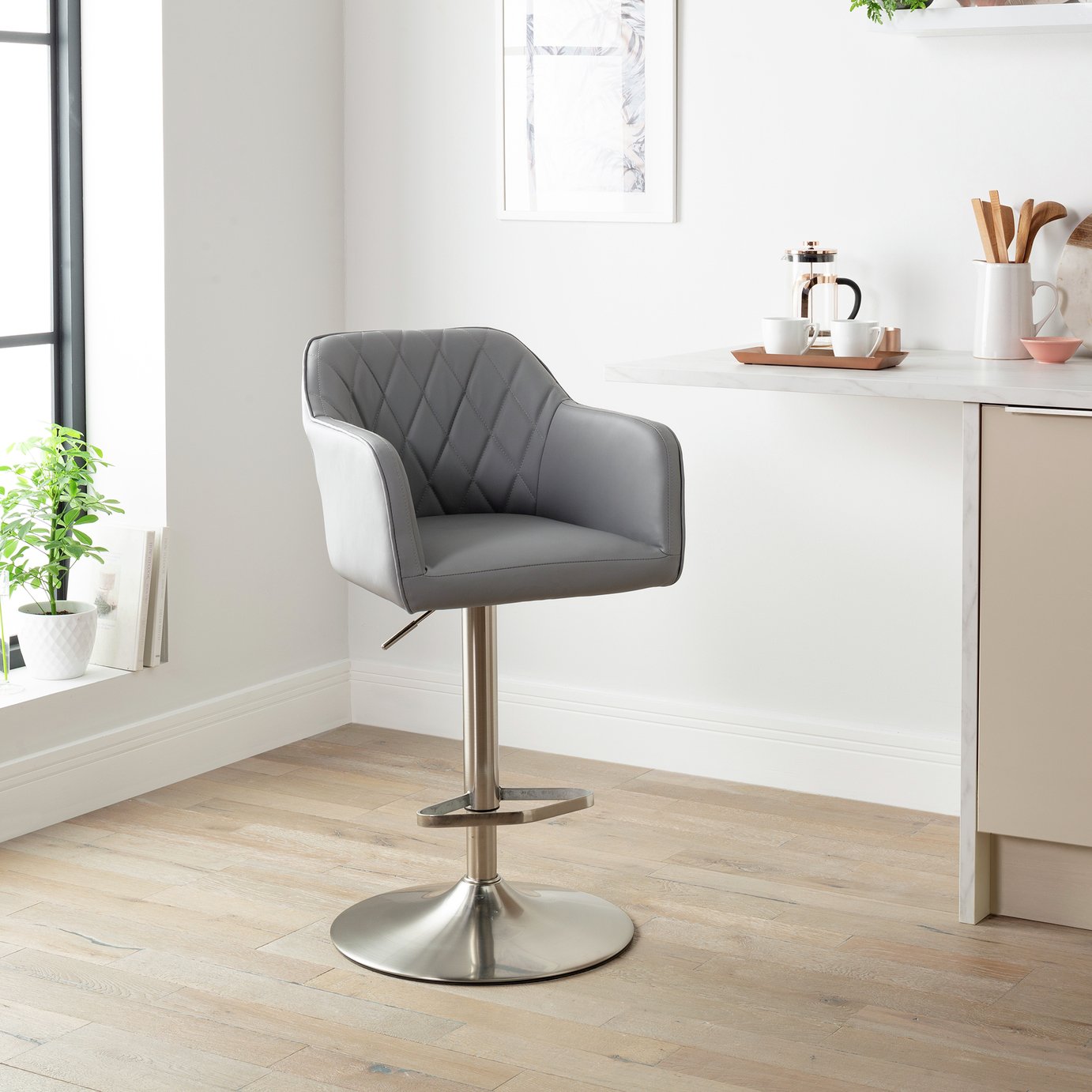 Argos Home Ellington Quilted Faux Leather Bar Stool - Grey