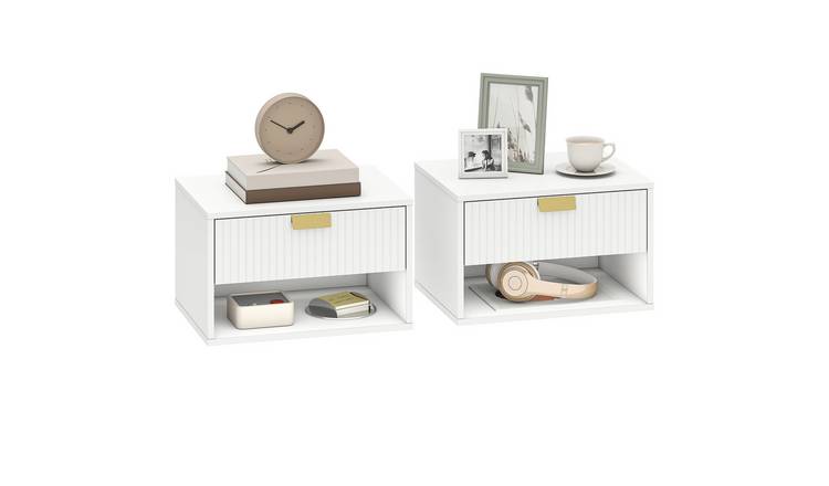 HOMCOM Set of 2 Fluted Wall Mounted Bedside Table with Open Compartment - White
