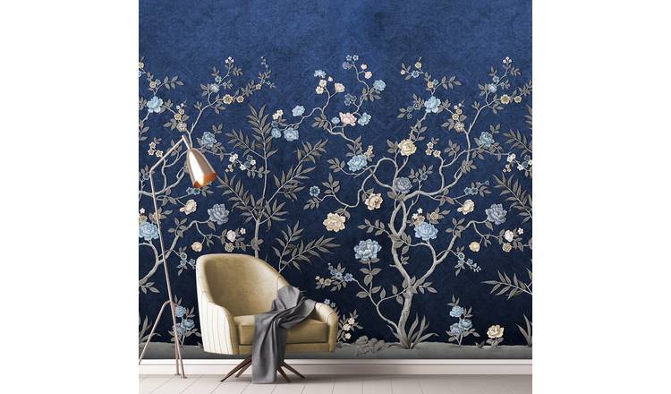 Grandeco Embroidered Chinoiserie 4 Lane Repeatable Wallpaper Mural - Blue