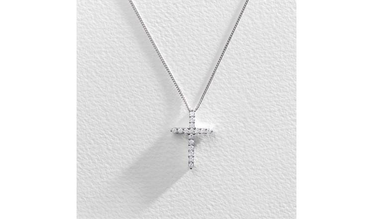 Revere Silver Cubic Zirconia Cross Pendant Necklace