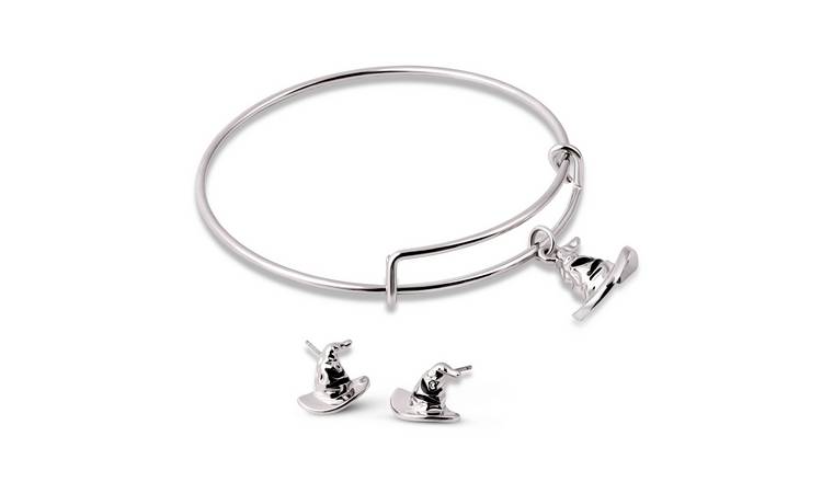 Harry Potter Silver Tone Sorting Hat Stud Earrings and Bangle Jewellery Set