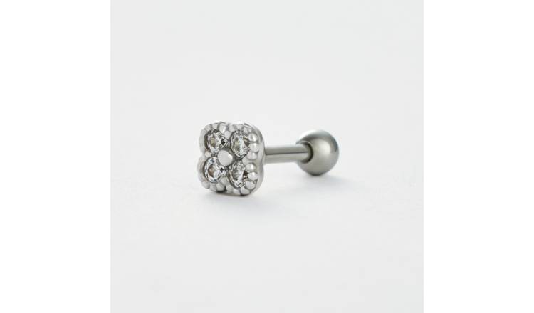 Revere Surgical Steel Cubic Zirconia Four Leaf Clover Single Stud Earring