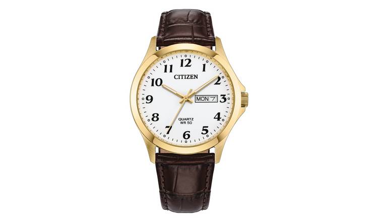 Citizen Gold Tone Stainless Steel Bezel White Dial Brown Leather Strap Watch