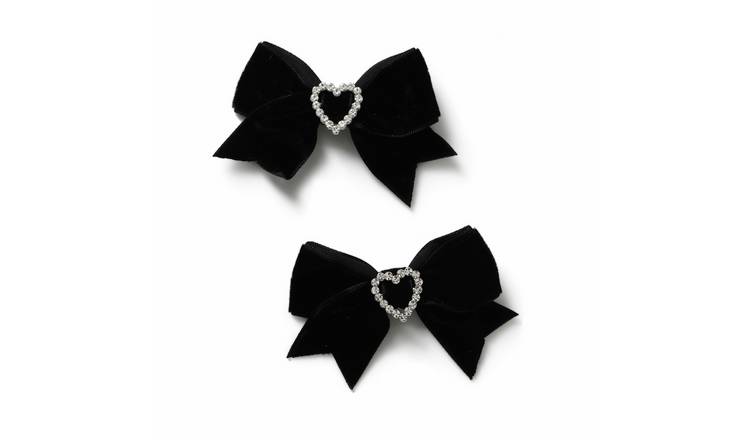 Flitzy Black Velvet Rhinestone Heart Bow Hair Clips - Pack of 2