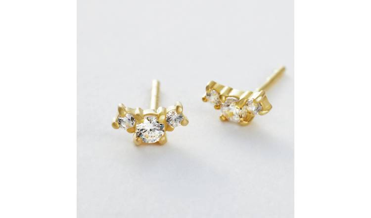 Revere Gold Plated Sterling Silver Trilogy Cubic Zirconia Stud Earrings