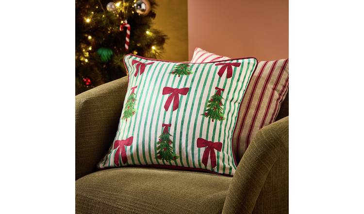 Argos Home Striped Bow and Tree Cushion Green - 43x43cm