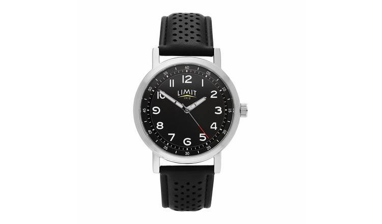 Limit Mens Black Dial Round Silver Case Black Leather Strap Watch