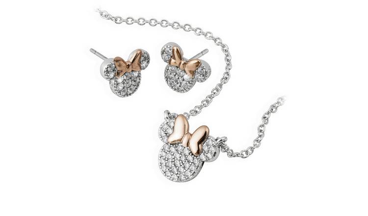 Disney Minnie Mouse Silver Plated Necklace and Stud Earrings Jewellery Set