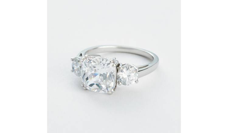 Revere 925 Sterling Silver Square Cubic Zirconia Trilogy Ring - Large