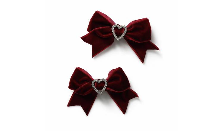 Flitzy Red Velvet Rhinestone Heart Bow Hair Clips - Pack of 2