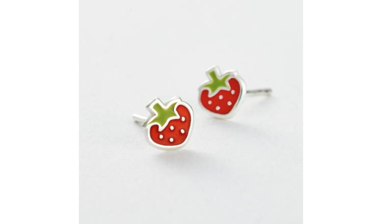 Revere Kids Sterling Silver Green and Red Enamel Strawberry Stud Earrings