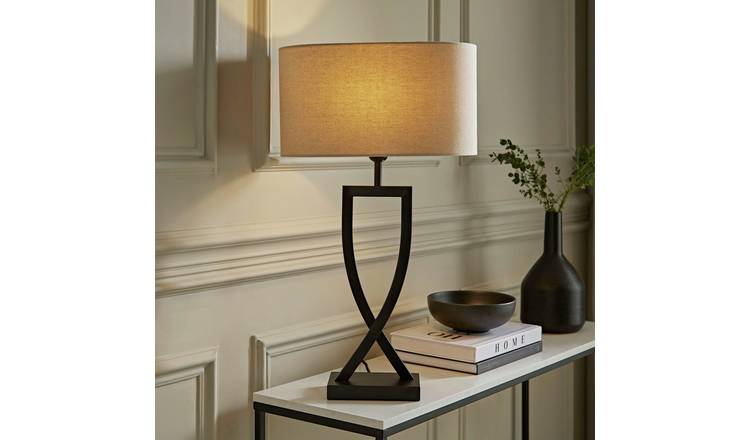 ValueLights Katniss Metal LED Large Table Lamp With Oatmeal Shade - Black