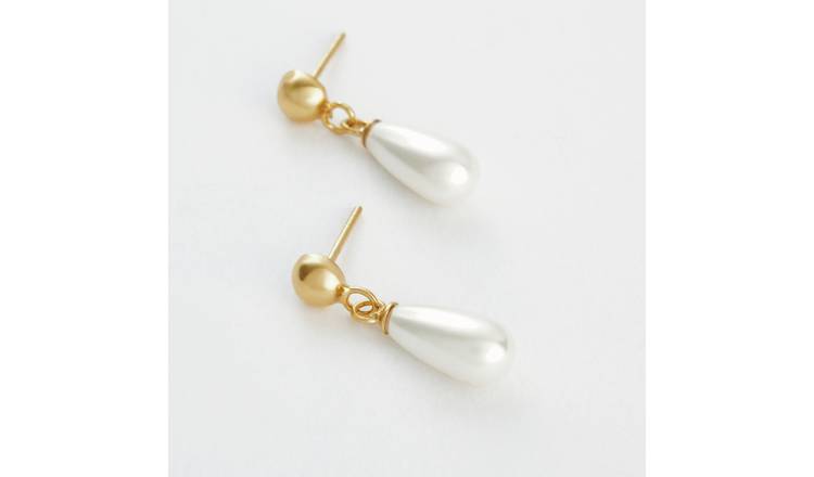 Revere Gold Plated Silver Faux Pearl Teardrop Drop Stud Earrings