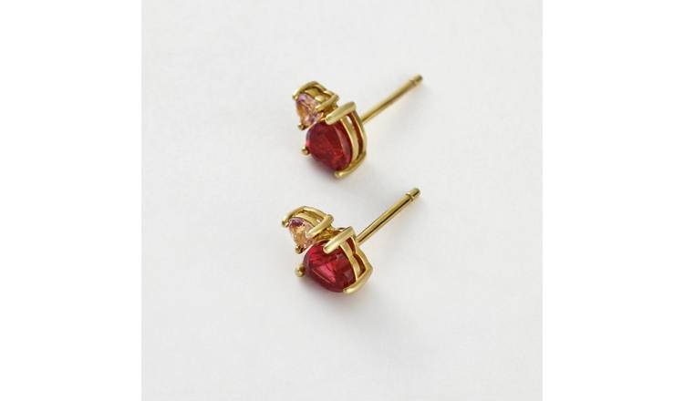 Revere Yellow Gold Plated Sterling Silver Cubic Zirconia Red Heart Stud Earrings