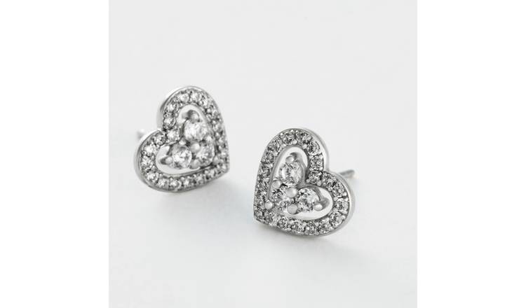Revere Sterling Silver Heart Halo Cubic Zirconia Stud Earrings
