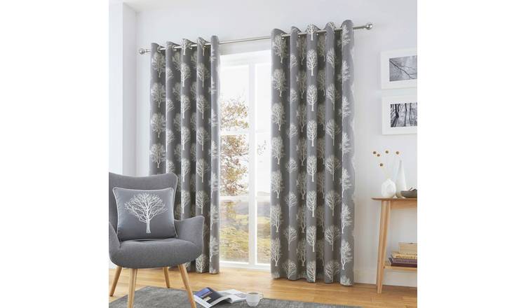 Fusion Woodland Trees Lined Eyelet Curtains - Charcoal