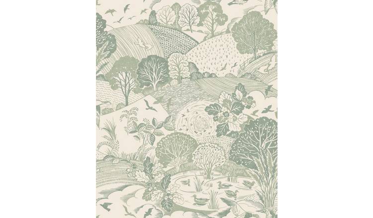Arthouse Country Landscape Sage Green Wallpaper