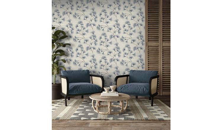 Arthouse Ginkgo Leaf Trail Blue and Grey Wallpaper