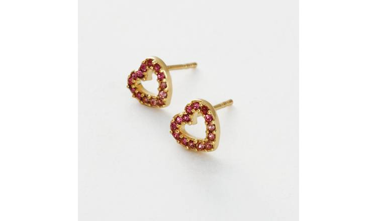 Revere Kids Gold Plated Silver Pink Cubic Zirconia Open Heart Stud Earrings