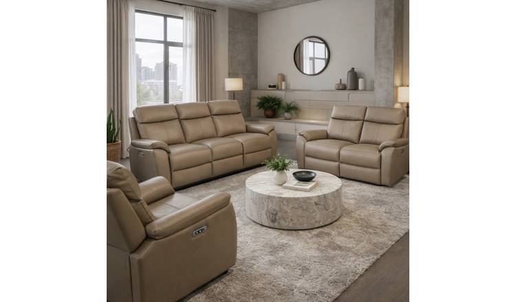 Aspire Kingsmere Leather 3, 2 & 1 Seater Power Recliner Sofa - Mushroom