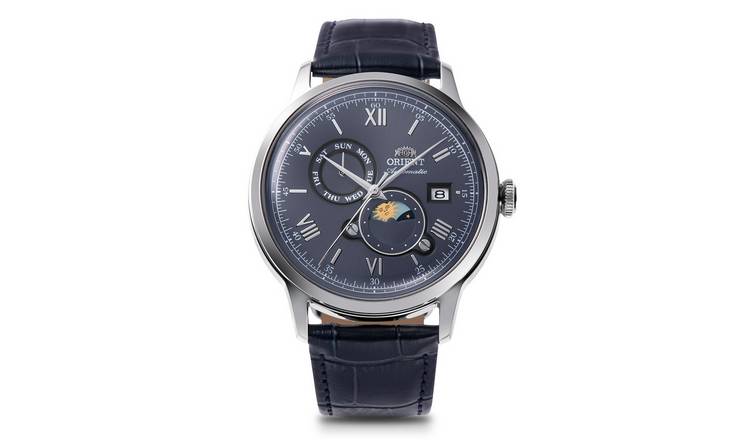 Orient Bambino Sun And Moon Men's Blue Leather Strap Watch