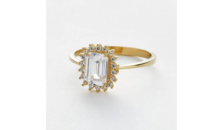 Revere 2 Micron Gold Plated 925 Sterling Silver Emerald Cut Halo Ring - Large